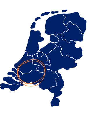 Kaart van Nederland met het werkgebied van MACO Dakonderhoud in West-Brabant, Midden-Brabant en Zuid-Holland